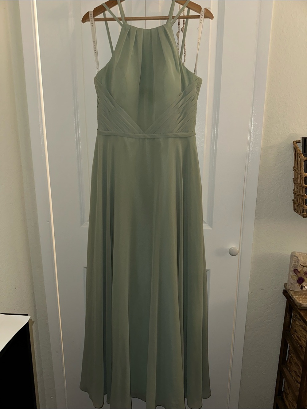 Azazie Sage Green Halter Chiffon Maxi Dress with Pleated Bodice